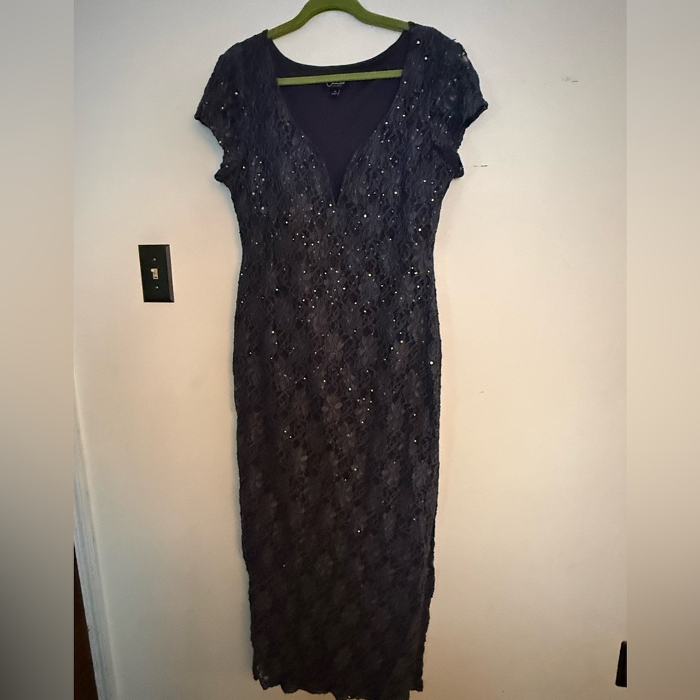 Connected Apparel Deep Blue sequin gown- flattering